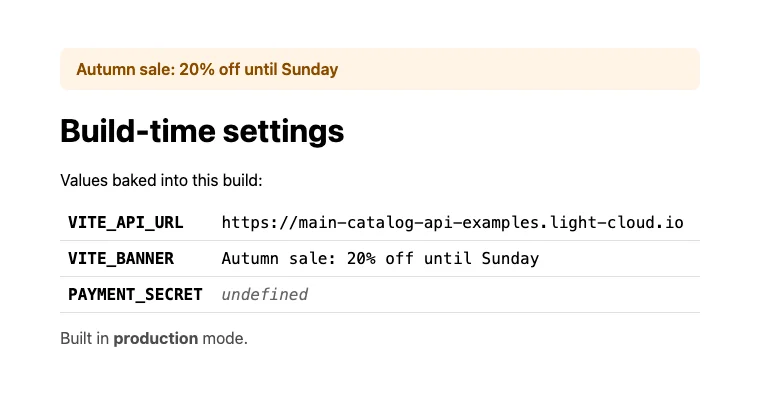 The live site with the banner Autumn sale: 20% off until Sunday and a table: VITE_API_URL and VITE_BANNER with their values, PAYMENT_SECRET undefined