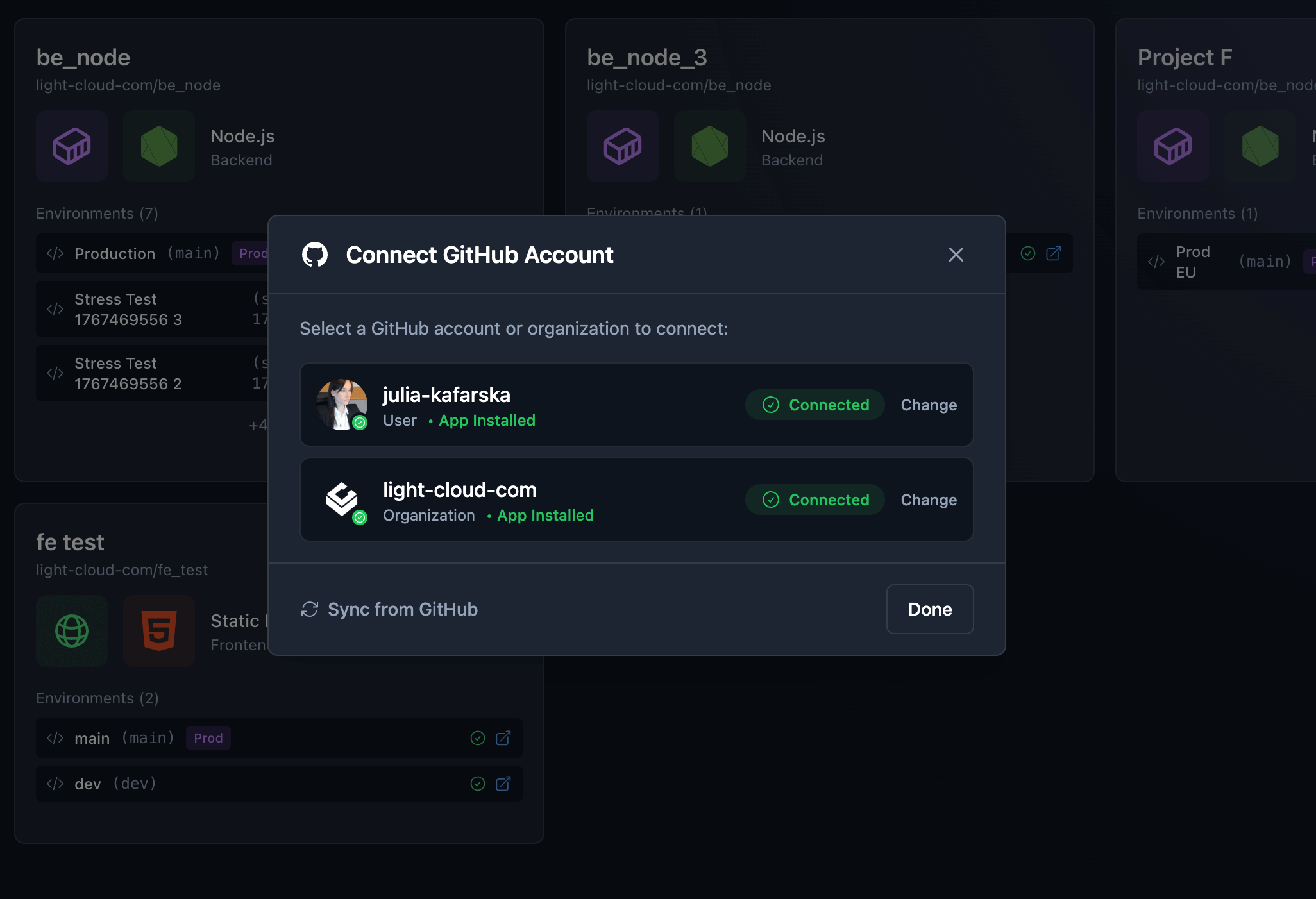Applications dashboard showing Node.js backends, static sites, and multiple environments
