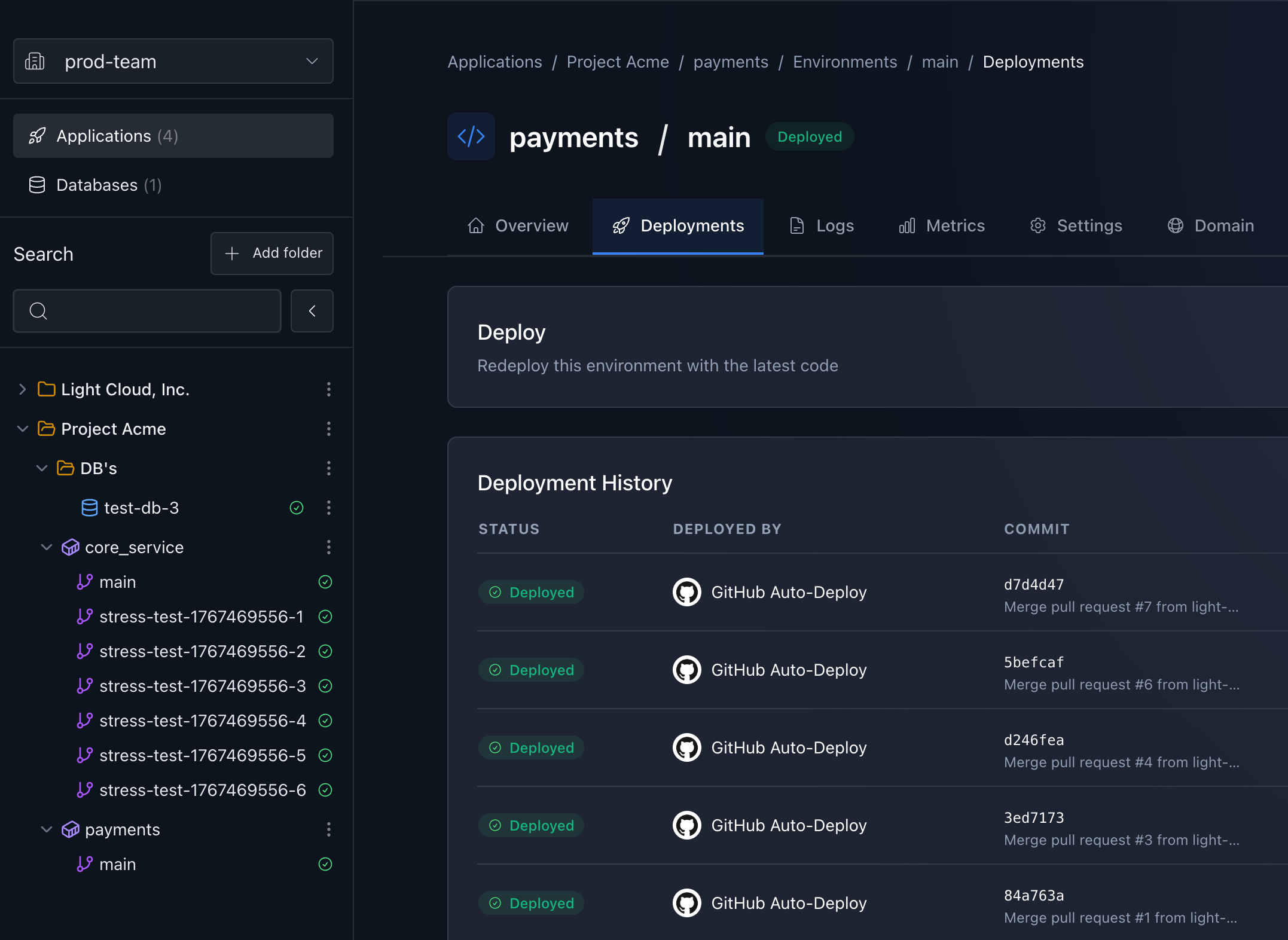 Deployment history with GitHub auto-deploy