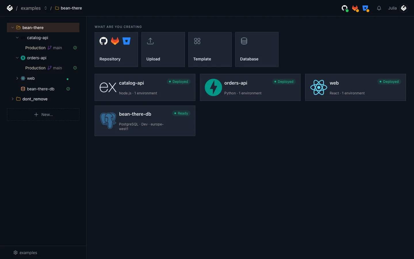 The finished project in the Light Cloud console: catalog-api, orders-api and web deployed, and bean-there-db ready