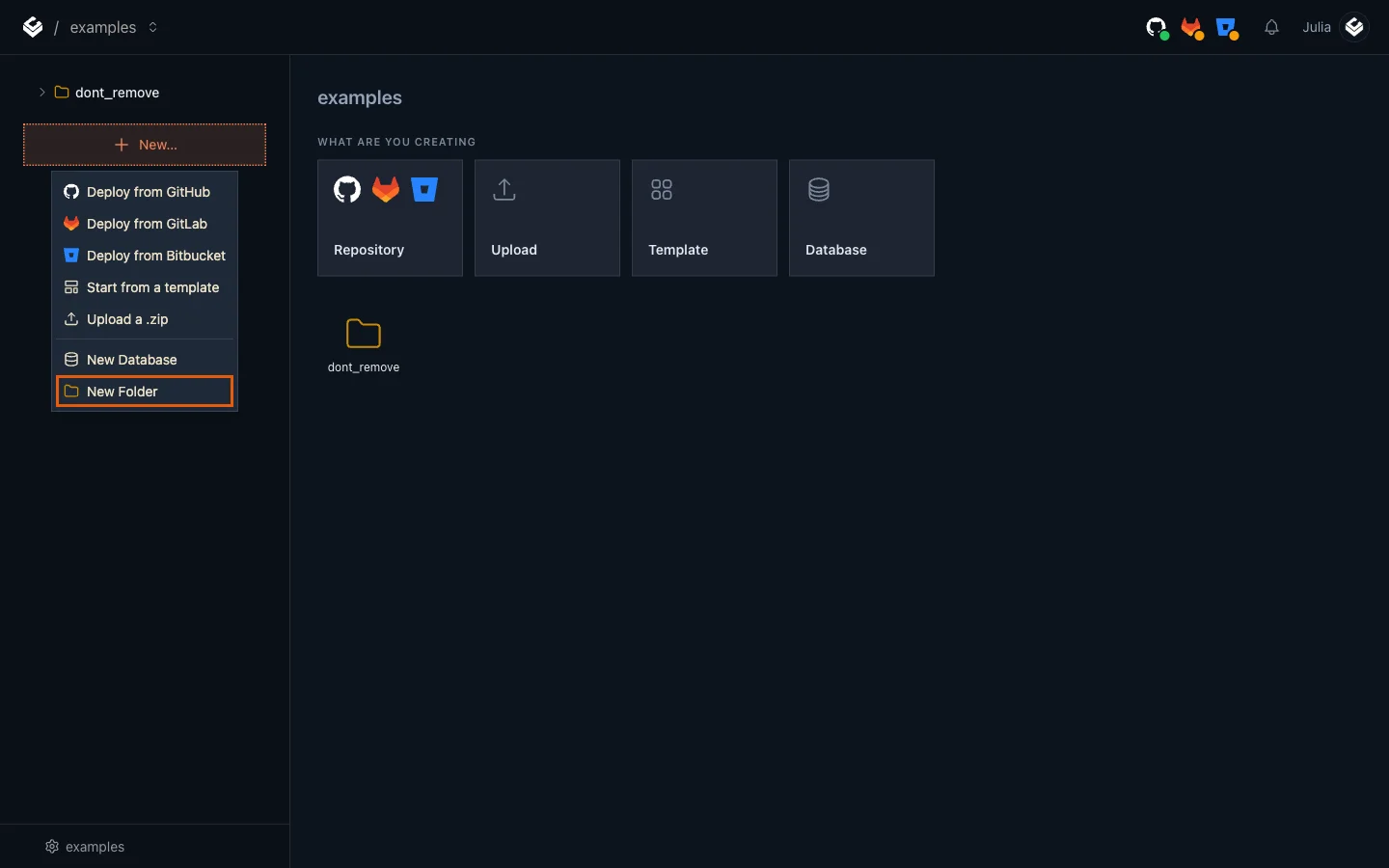 The New menu in the Light Cloud sidebar with New Folder at the bottom