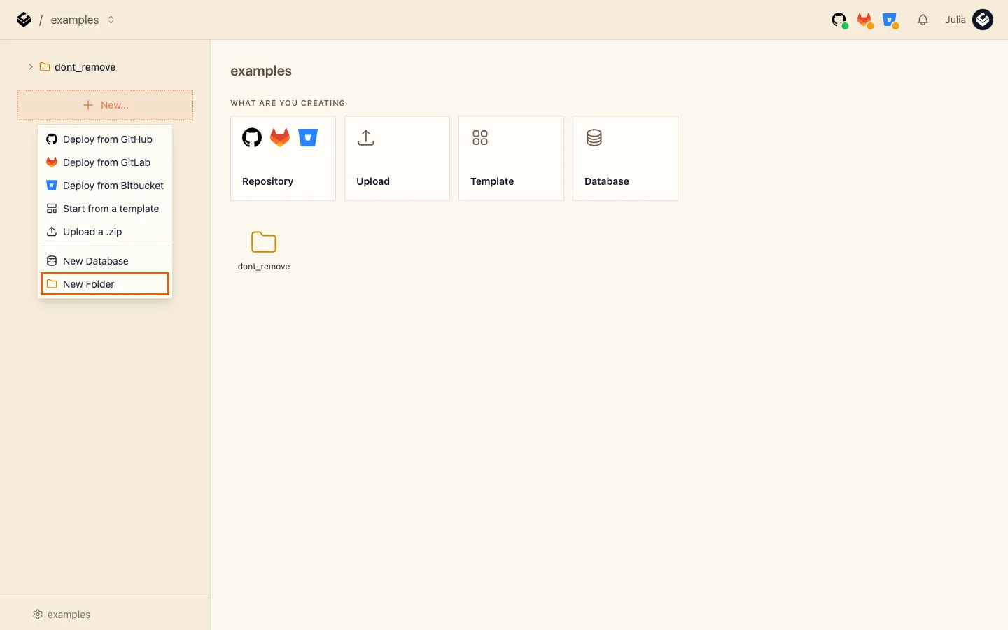 The New menu in the Light Cloud sidebar with New Folder at the bottom