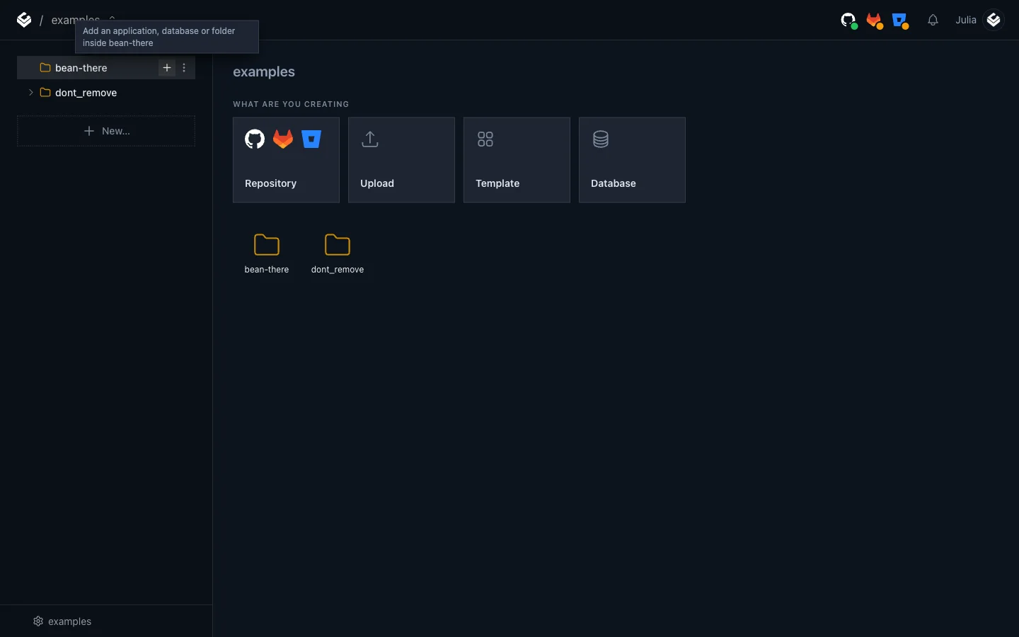 The bean-there folder menu with New Database highlighted