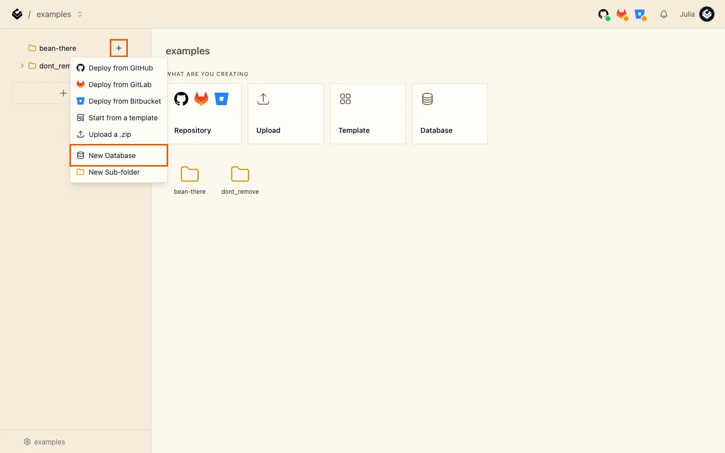 The bean-there folder menu with New Database highlighted