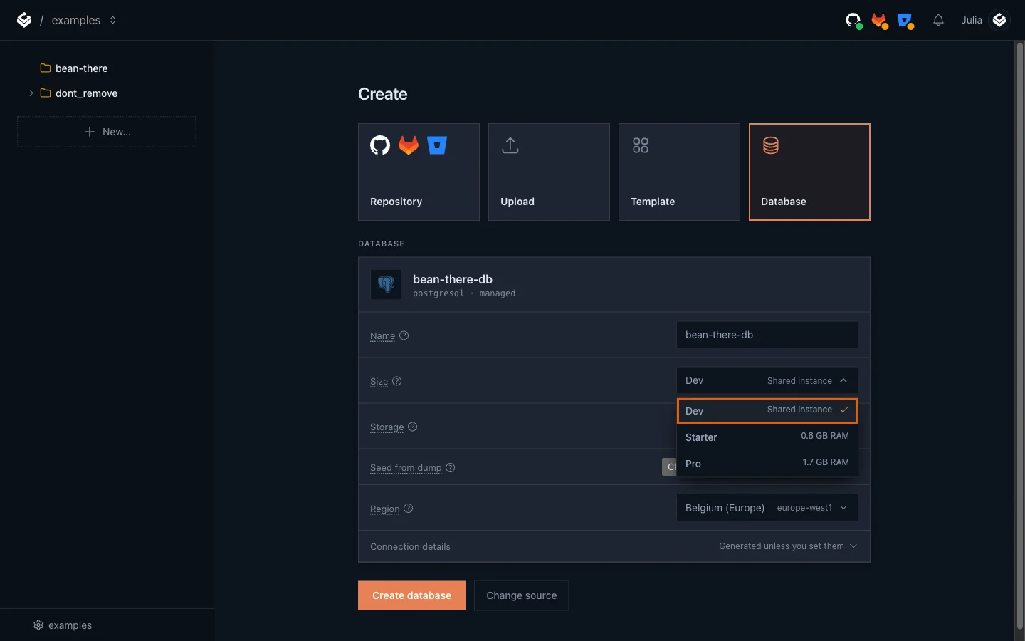 The Size dropdown open with Dev, Shared instance highlighted, and Starter and Pro below it