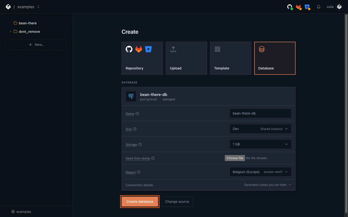 The database form filled in with the name bean-there-db and the Create database button highlighted