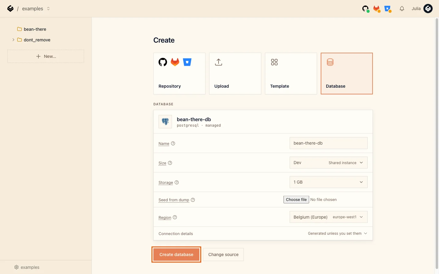 The database form filled in with the name bean-there-db and the Create database button highlighted