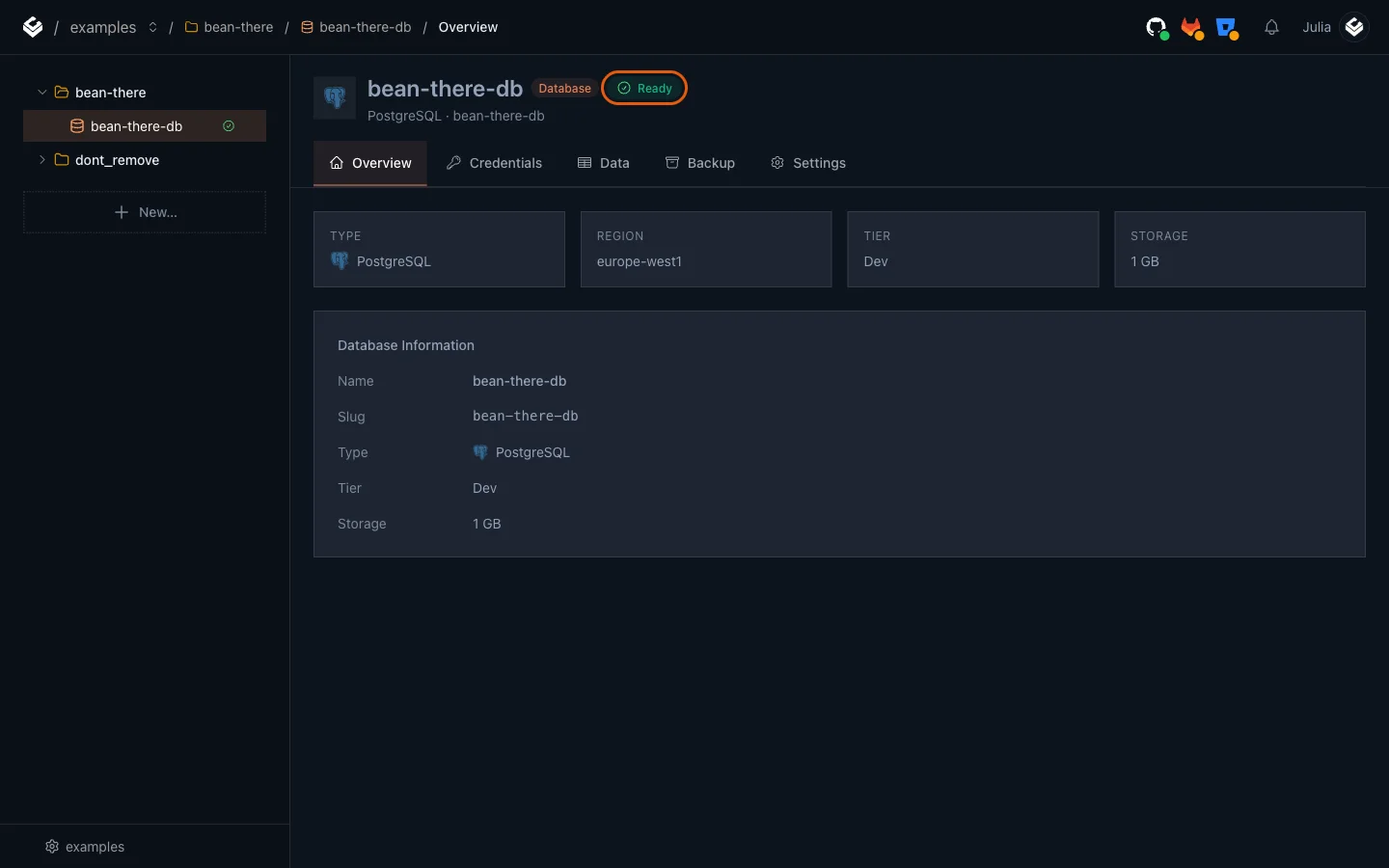 The bean-there-db overview page with the Ready badge highlighted