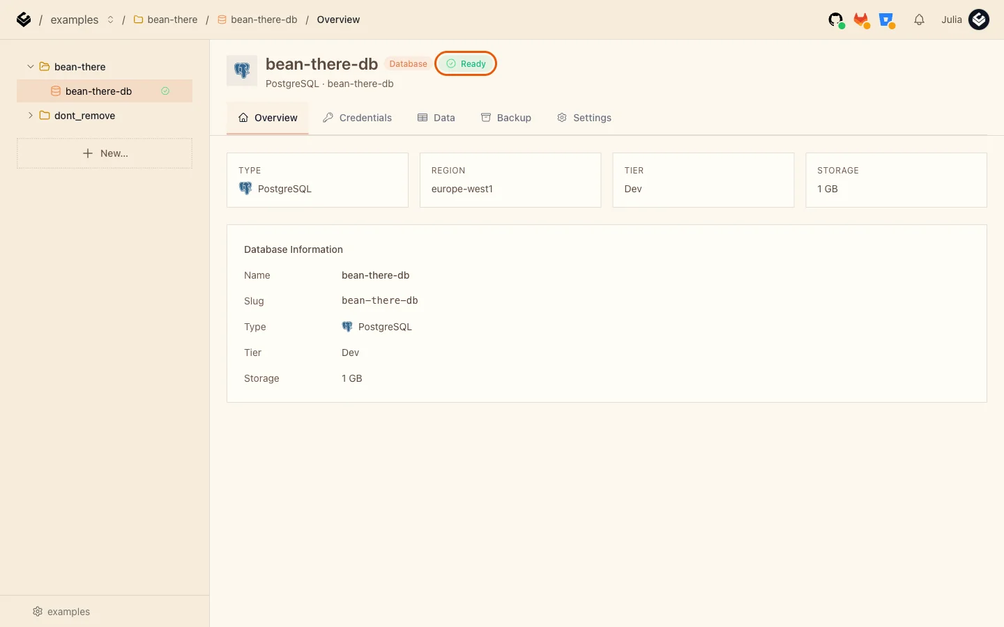 The bean-there-db overview page with the Ready badge highlighted