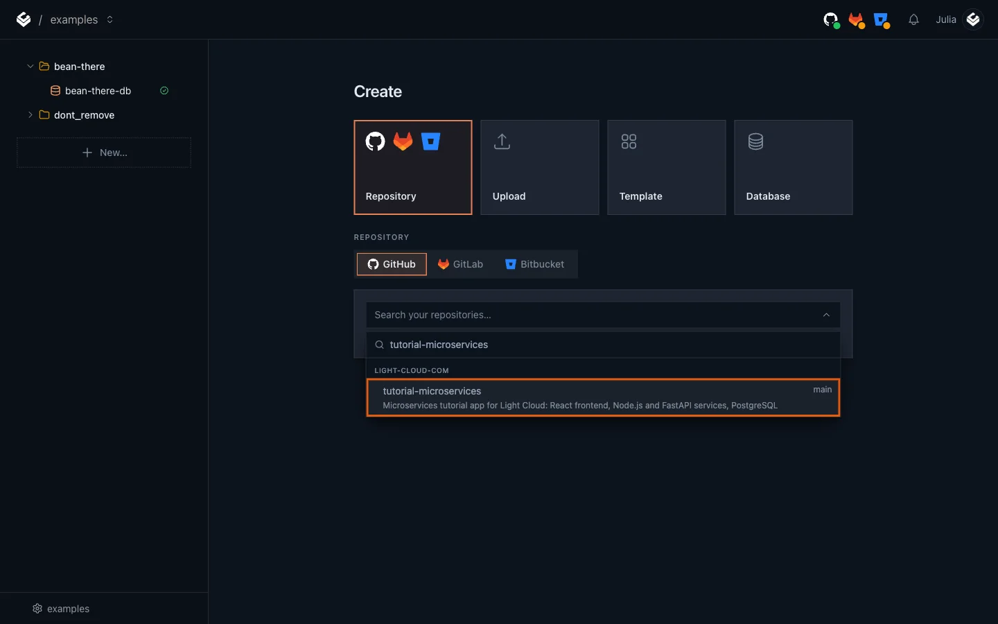 The repository search showing tutorial-microservices highlighted