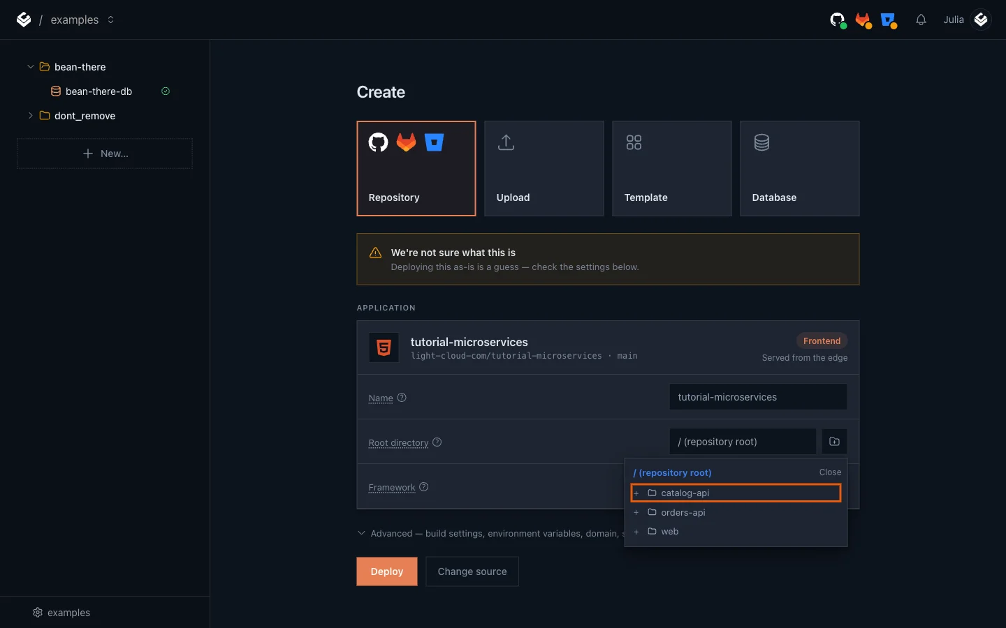 The folder picker listing catalog-api, orders-api and web, with catalog-api highlighted