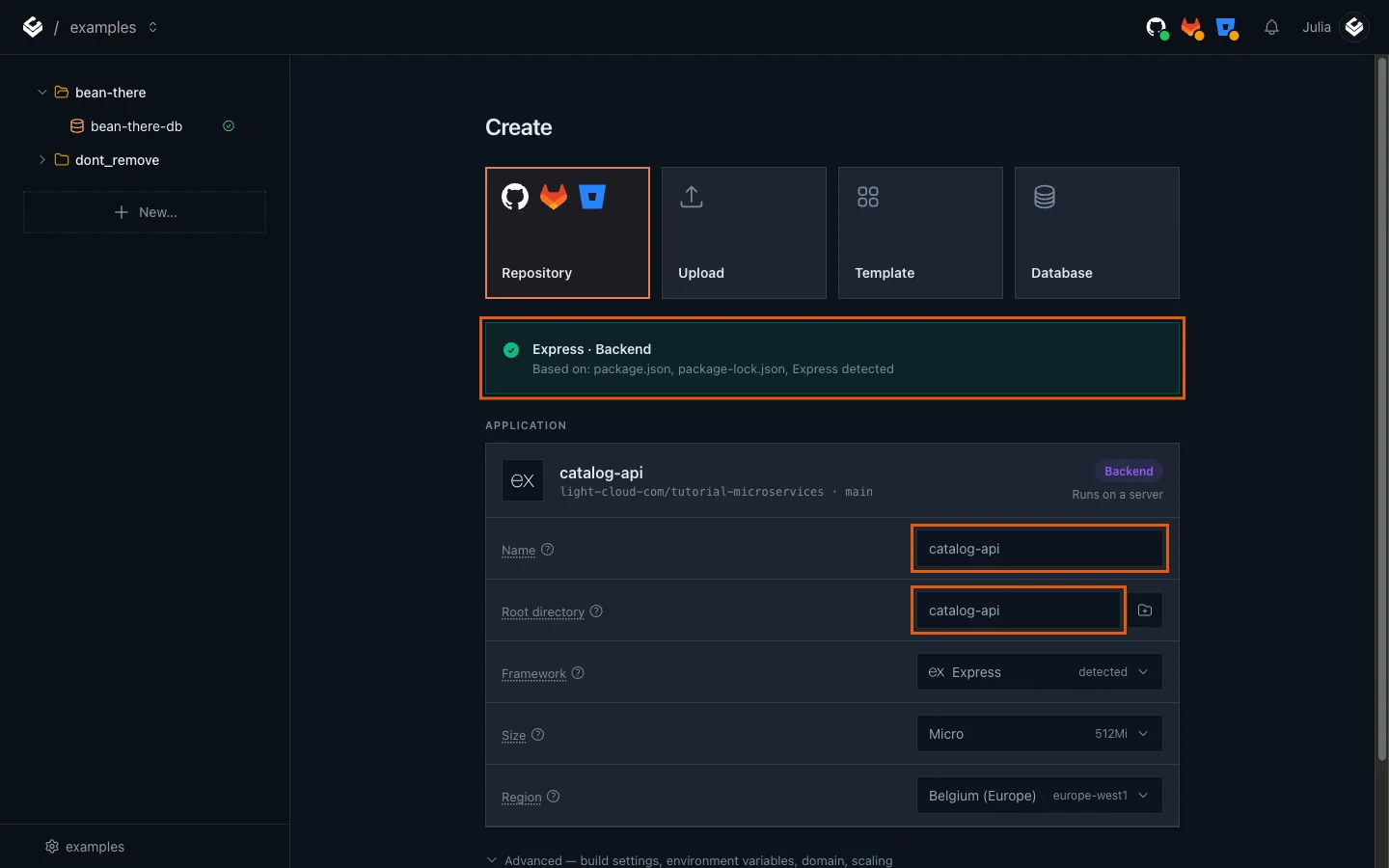 The detection banner Express Backend, with Name set to catalog-api and Root directory set to catalog-api