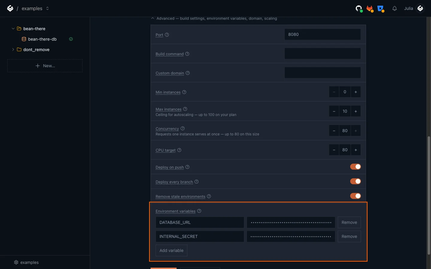 The Environment variables section with DATABASE_URL and INTERNAL_SECRET added and their values hidden