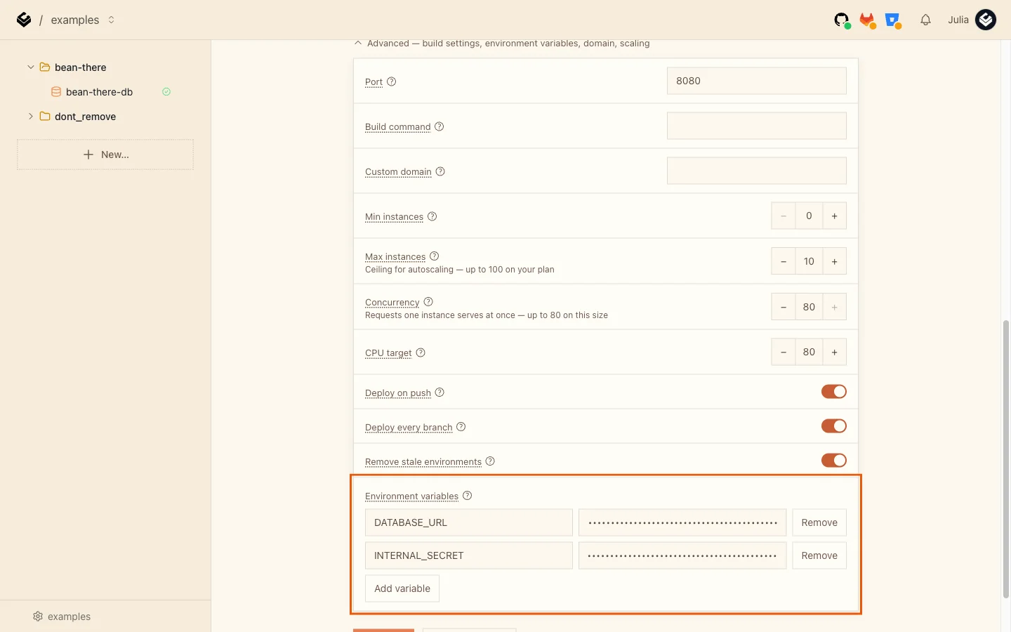 The Environment variables section with DATABASE_URL and INTERNAL_SECRET added and their values hidden