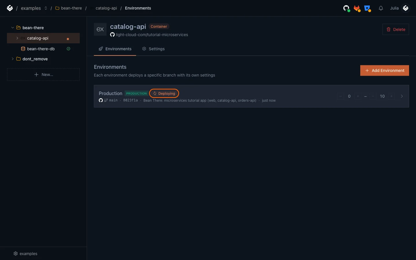 The catalog-api environments page with Production showing Deploying