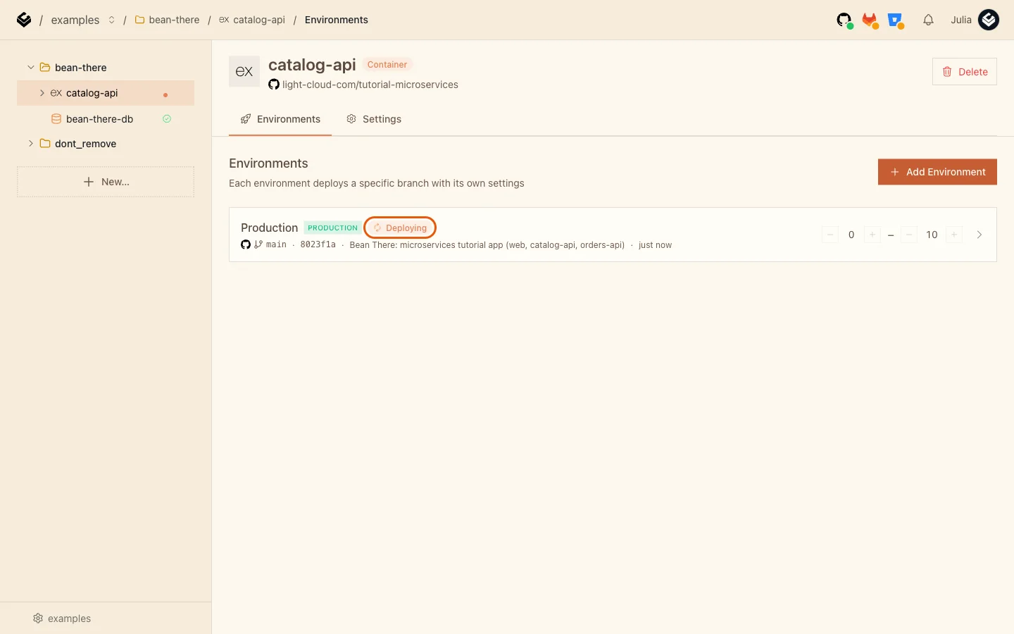 The catalog-api environments page with Production showing Deploying