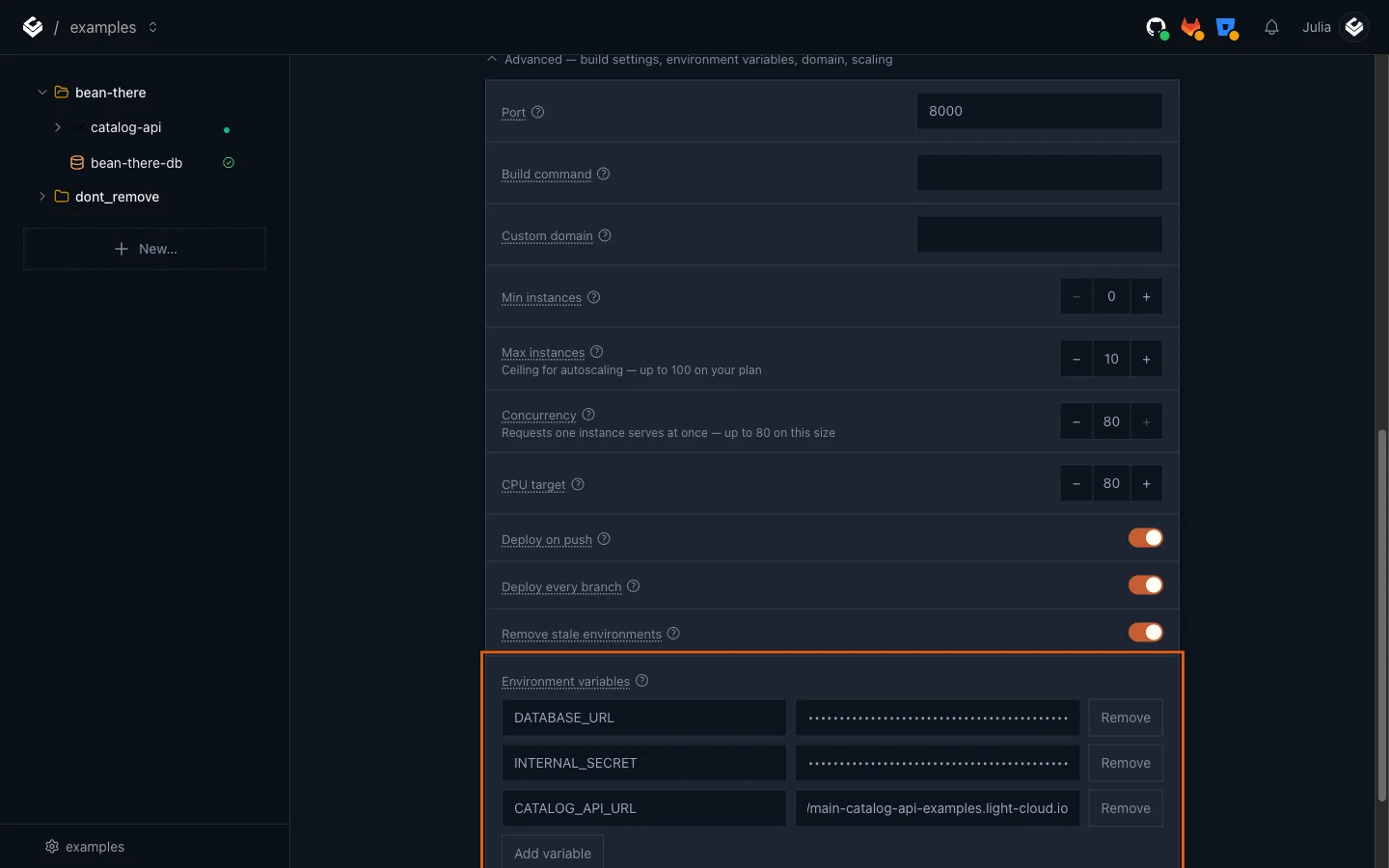 The Environment variables section of orders-api with DATABASE_URL, INTERNAL_SECRET and CATALOG_API_URL
