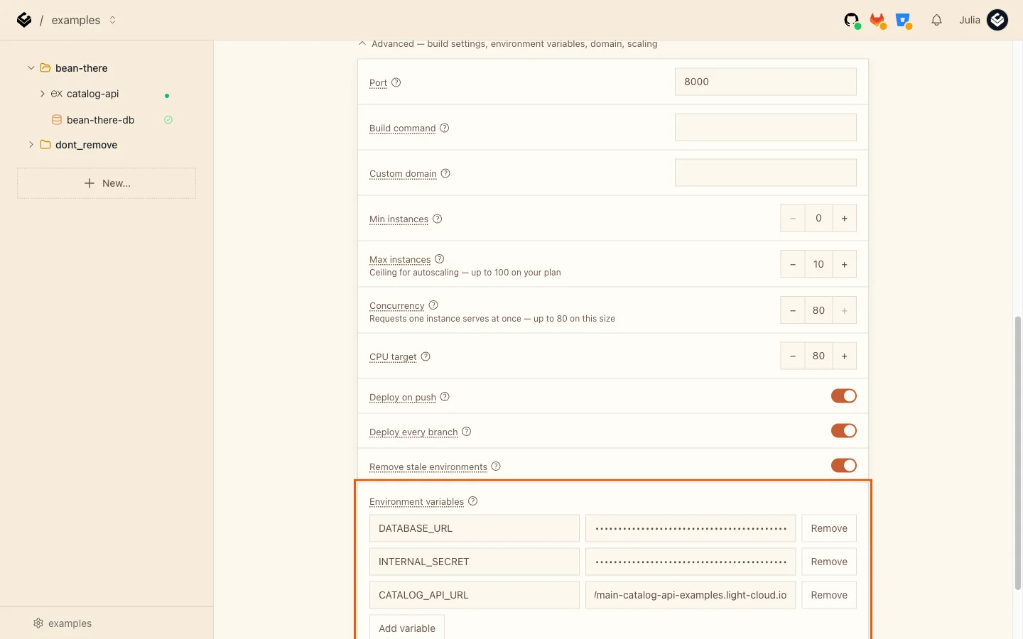The Environment variables section of orders-api with DATABASE_URL, INTERNAL_SECRET and CATALOG_API_URL