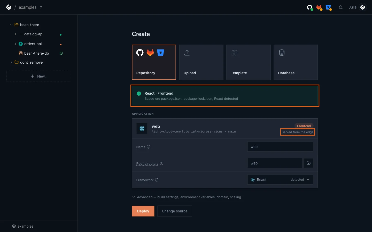 The detection banner React Frontend with Served from the edge highlighted