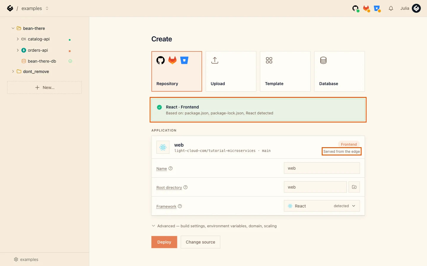 The detection banner React Frontend with Served from the edge highlighted