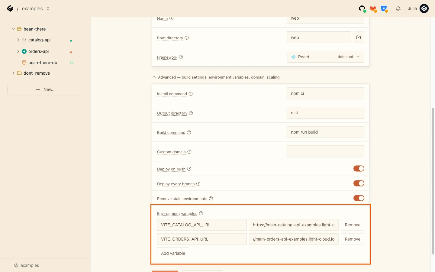The web app's Environment variables with VITE_CATALOG_API_URL and VITE_ORDERS_API_URL