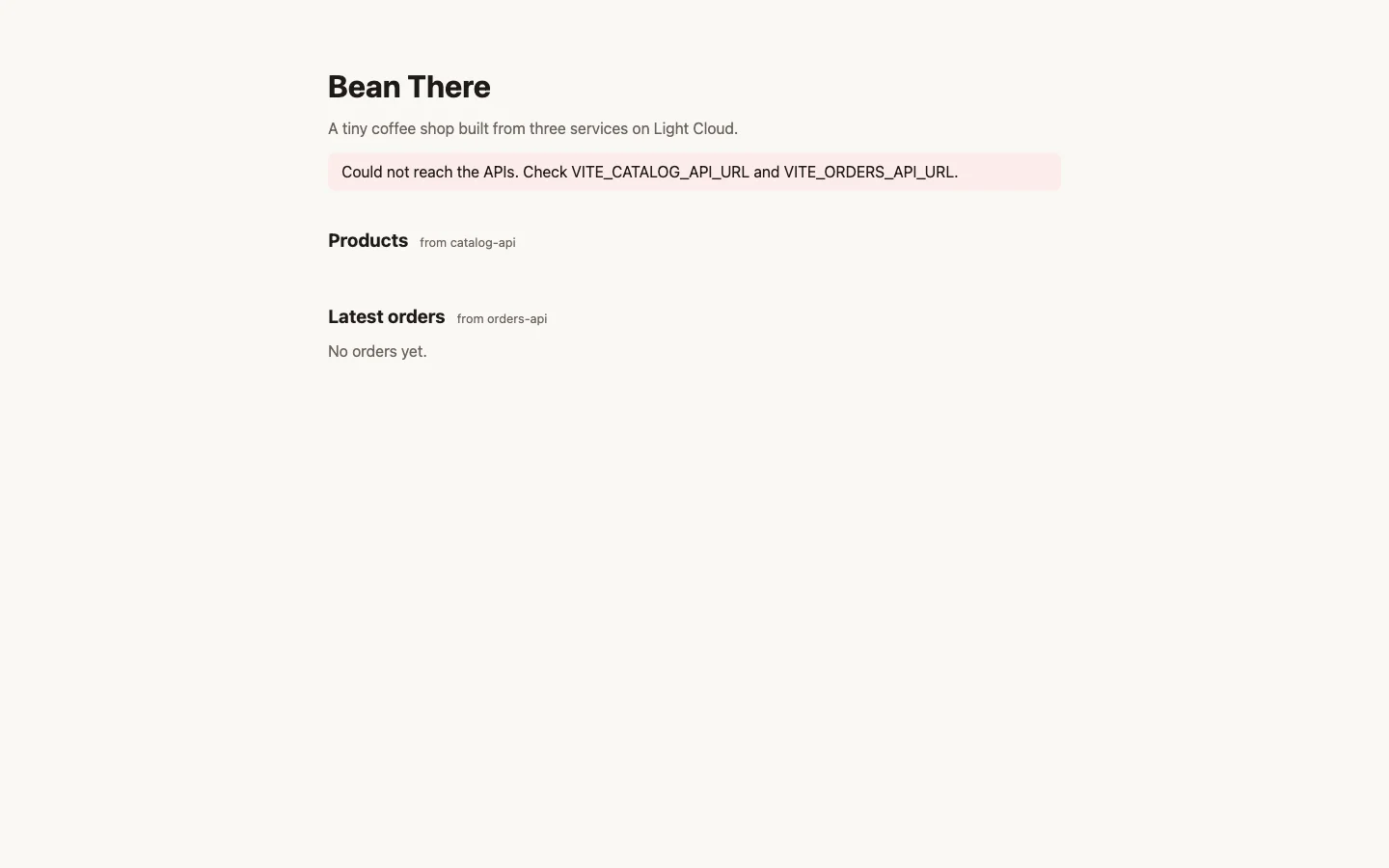 The Bean There page loaded with no products and an error message