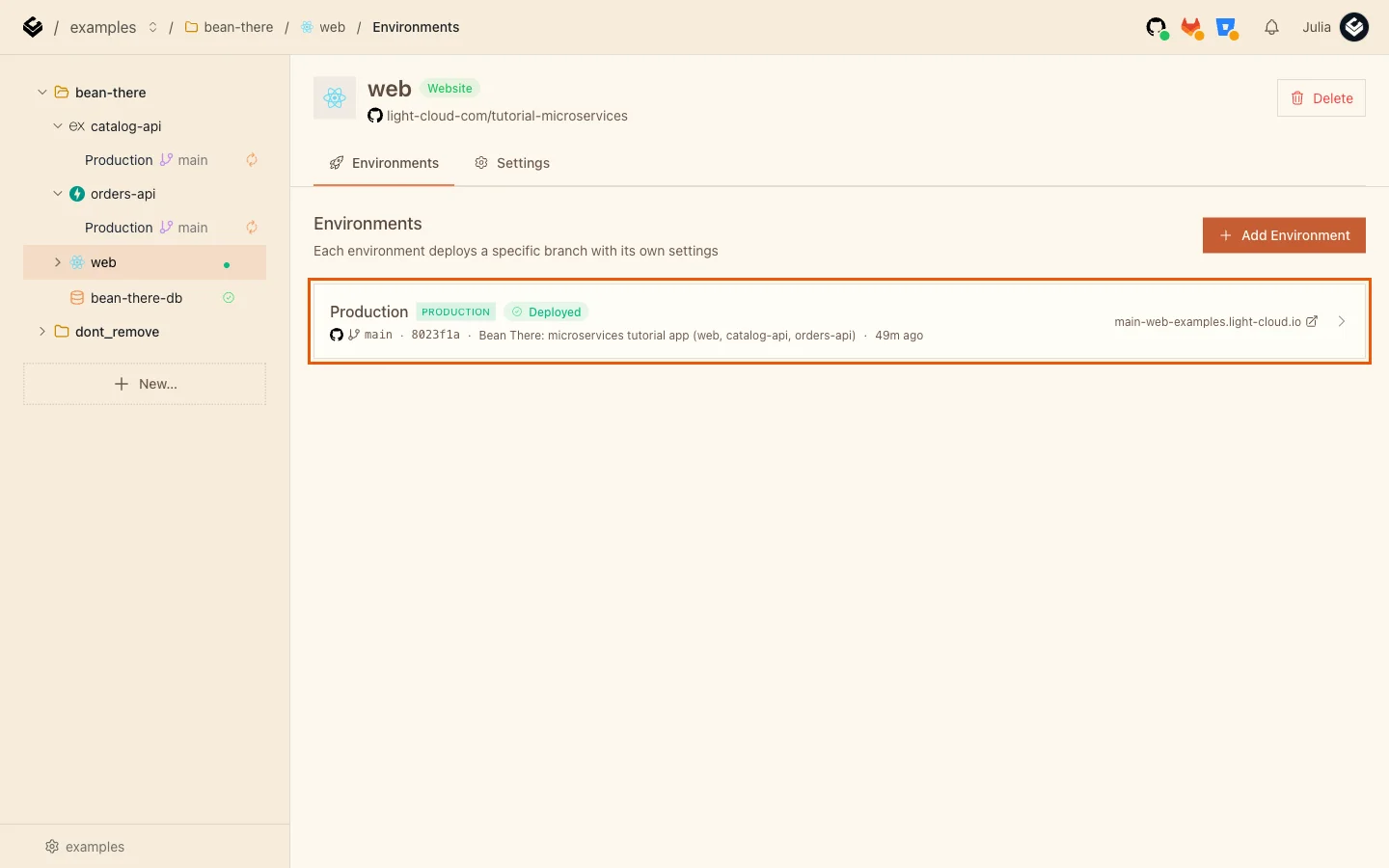 The web app's Production environment still on the Part 1 commit 8023f1a after the push