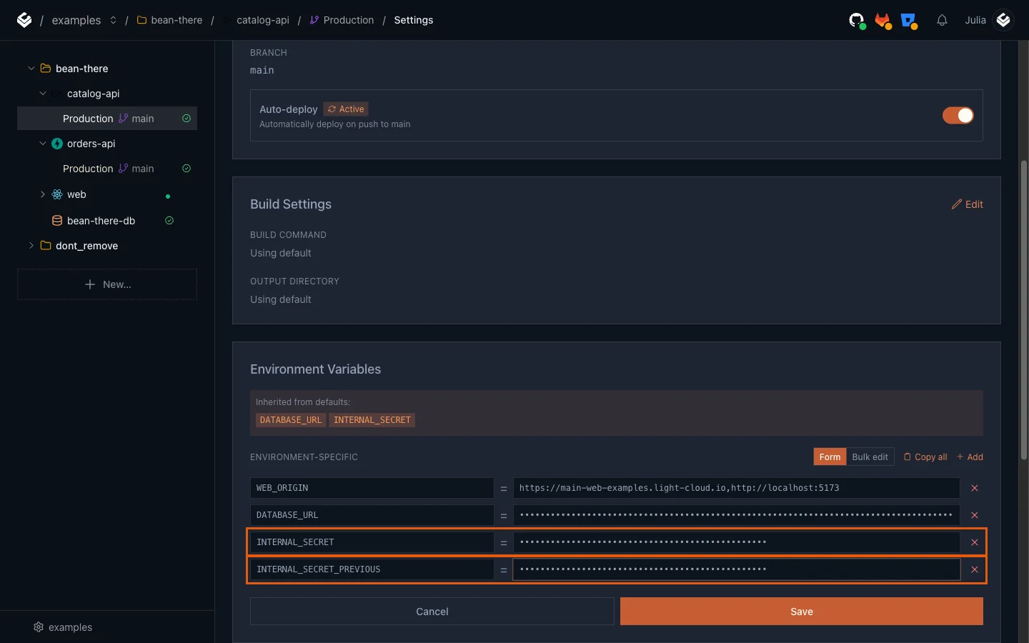 catalog-api's variables with INTERNAL_SECRET and INTERNAL_SECRET_PREVIOUS highlighted and their values hidden