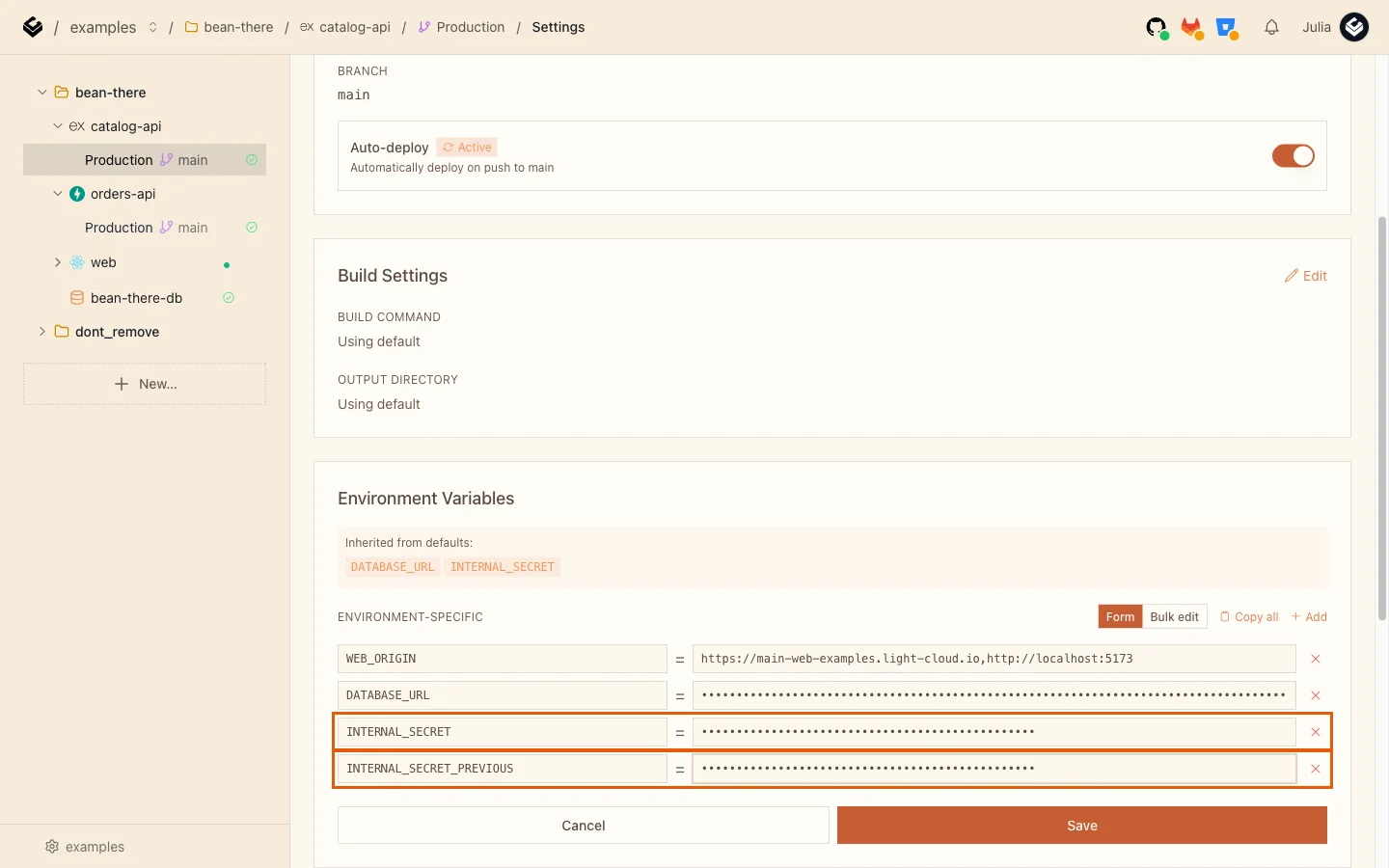catalog-api's variables with INTERNAL_SECRET and INTERNAL_SECRET_PREVIOUS highlighted and their values hidden
