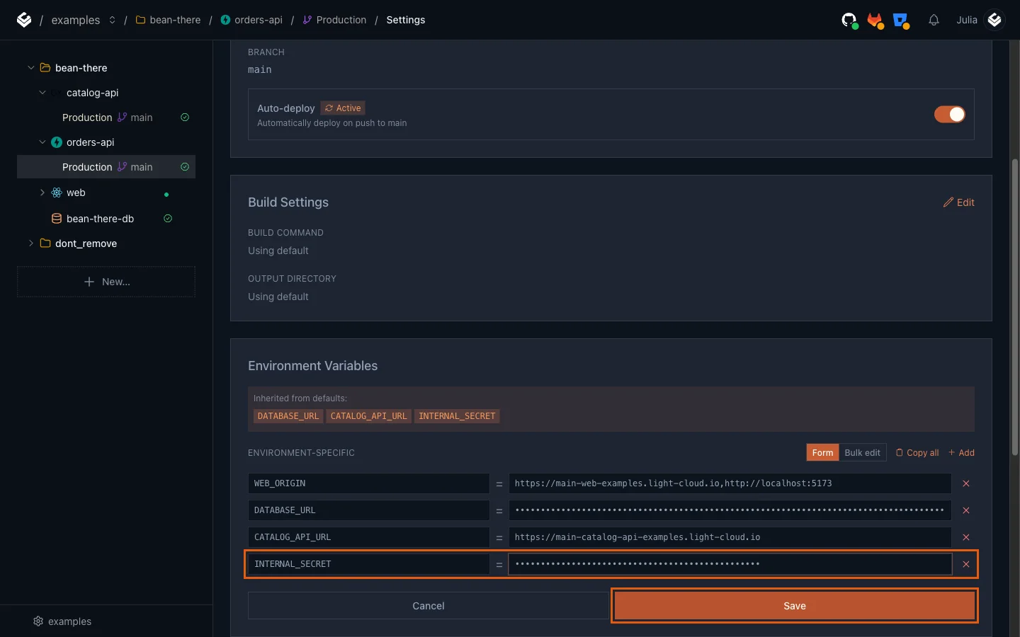orders-api's INTERNAL_SECRET highlighted with the Save button