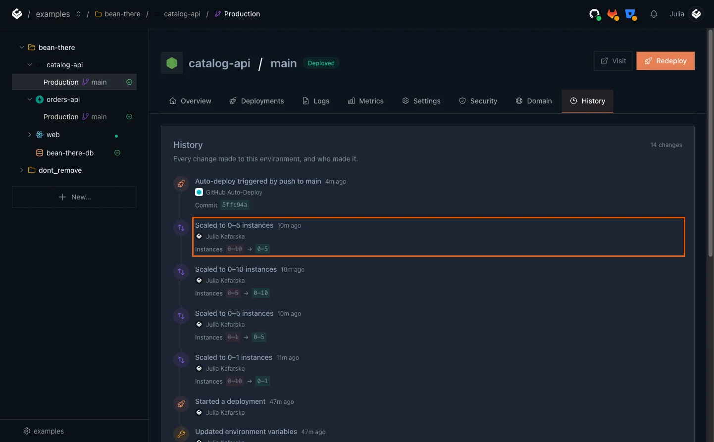 The History tab listing Scaled to 0-5 instances by the user, with the old and new instance range