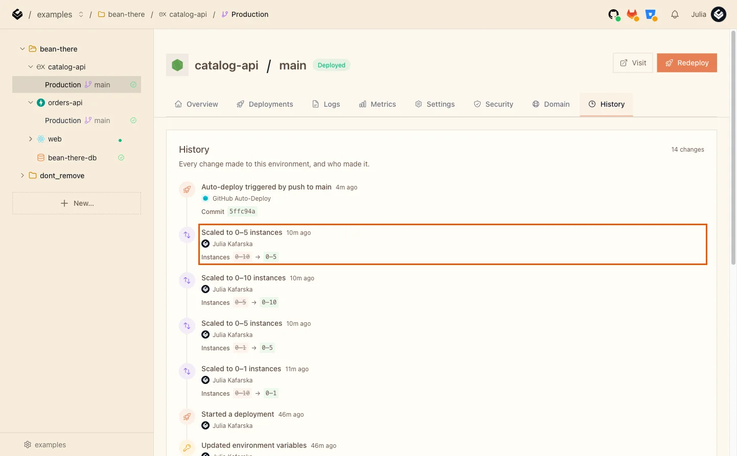 The History tab listing Scaled to 0-5 instances by the user, with the old and new instance range