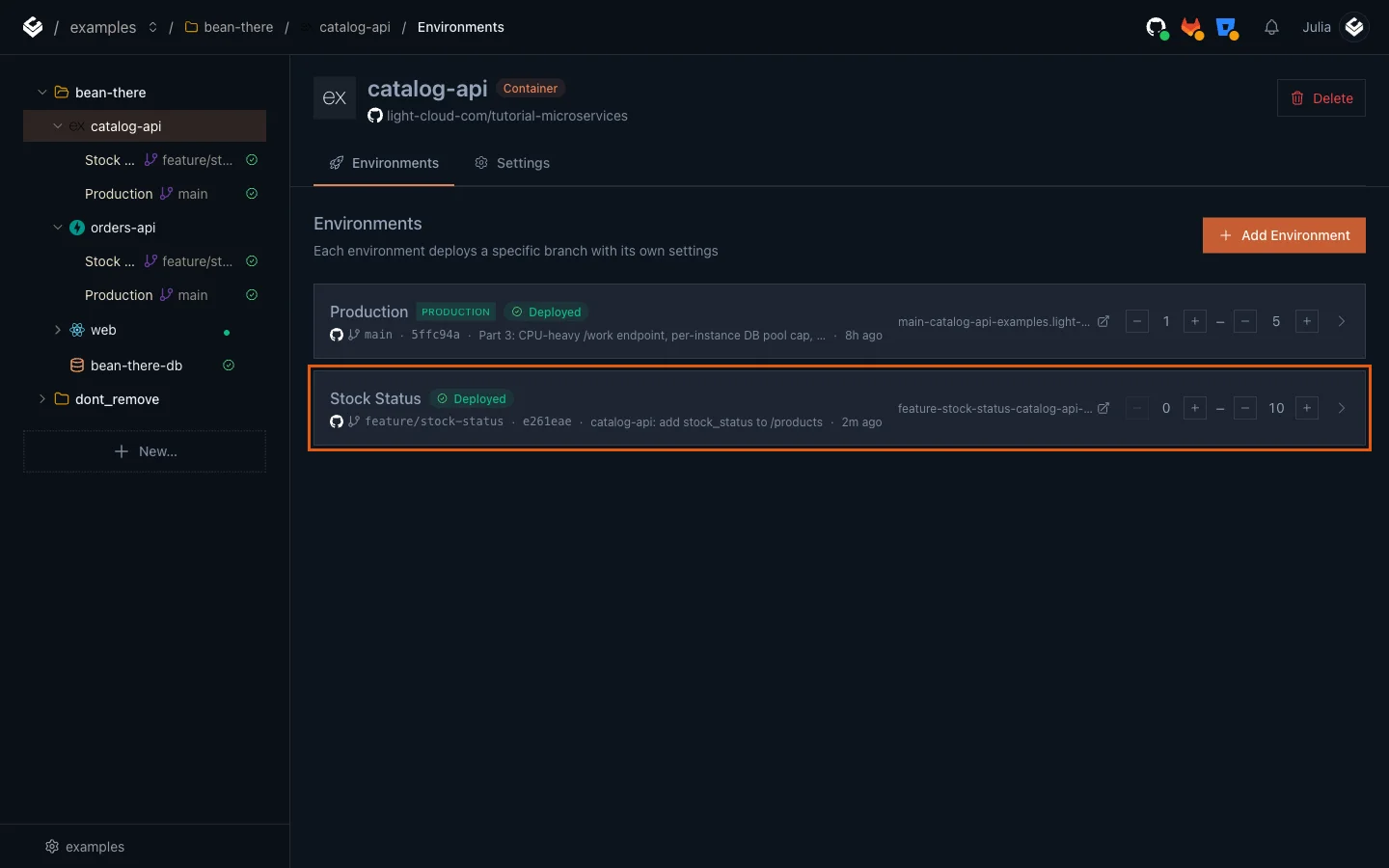 catalog-api's Environments list with Production and a new Stock Status environment on feature/stock-status