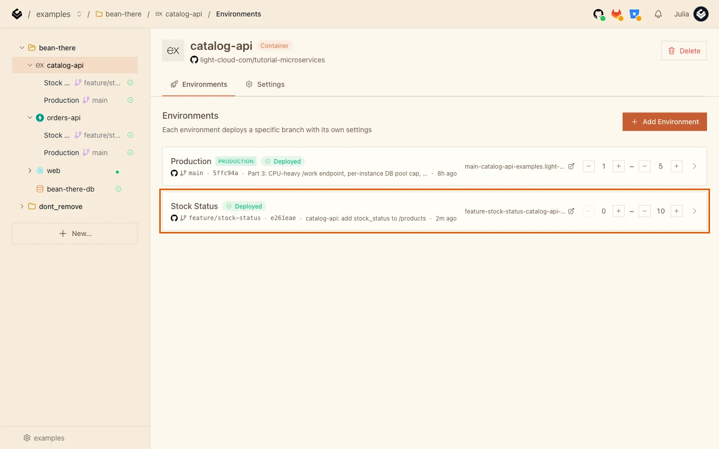 catalog-api's Environments list with Production and a new Stock Status environment on feature/stock-status