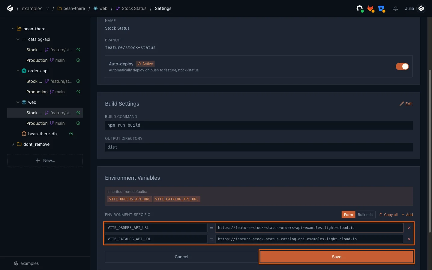 The web app's Stock Status environment with VITE_ORDERS_API_URL and VITE_CATALOG_API_URL pointing at the branch APIs