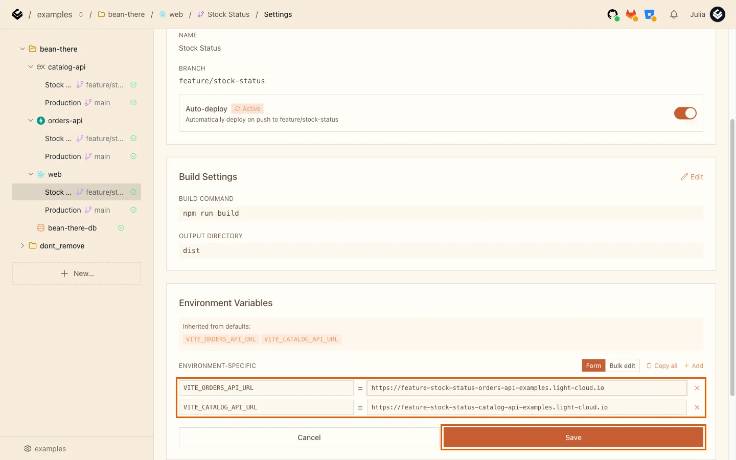 The web app's Stock Status environment with VITE_ORDERS_API_URL and VITE_CATALOG_API_URL pointing at the branch APIs