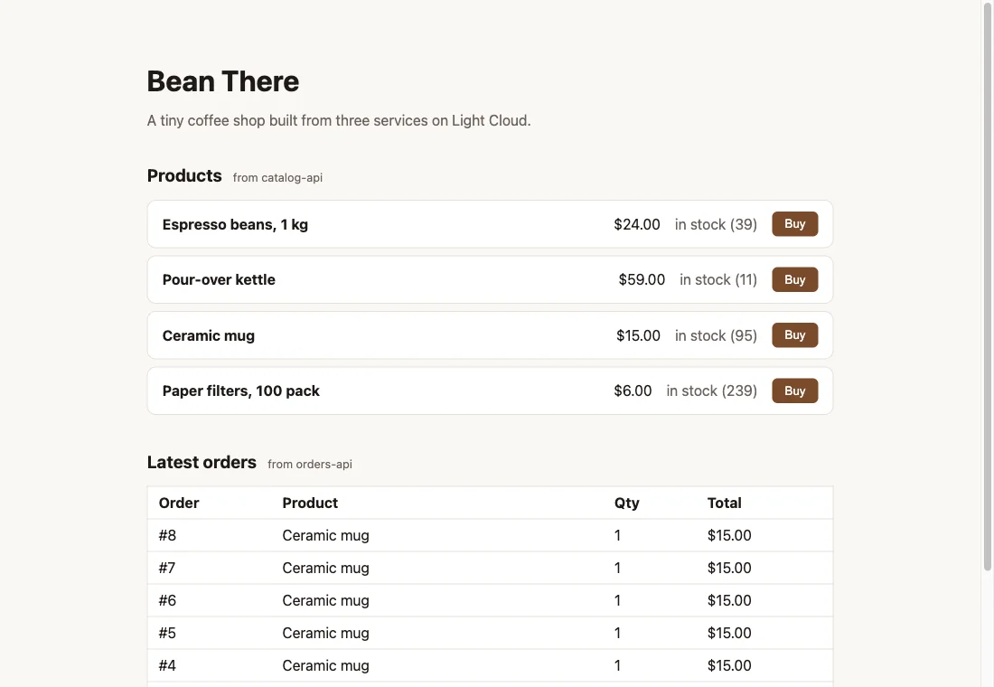 The preview shop listing each product with its stock status, for example in stock (39)