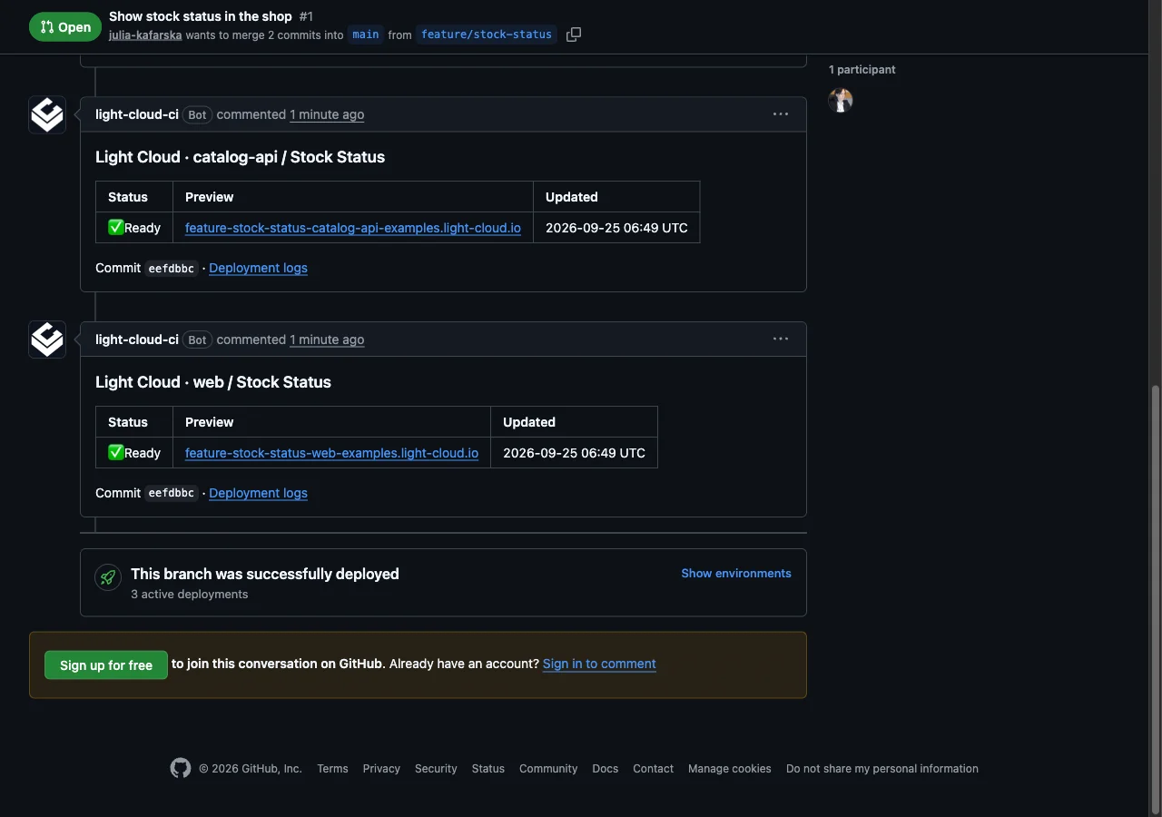 The pull request on GitHub with light-cloud-ci comments linking the catalog-api and web previews, each marked Ready