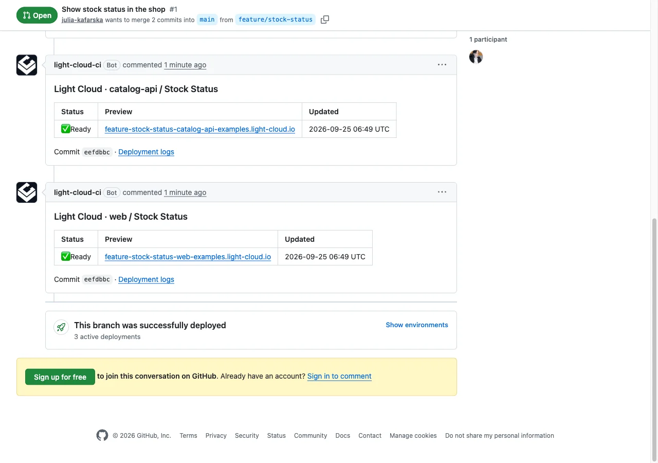The pull request on GitHub with light-cloud-ci comments linking the catalog-api and web previews, each marked Ready