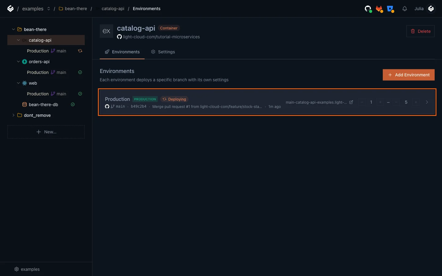 catalog-api's Environments list with only Production left, deploying the merge commit
