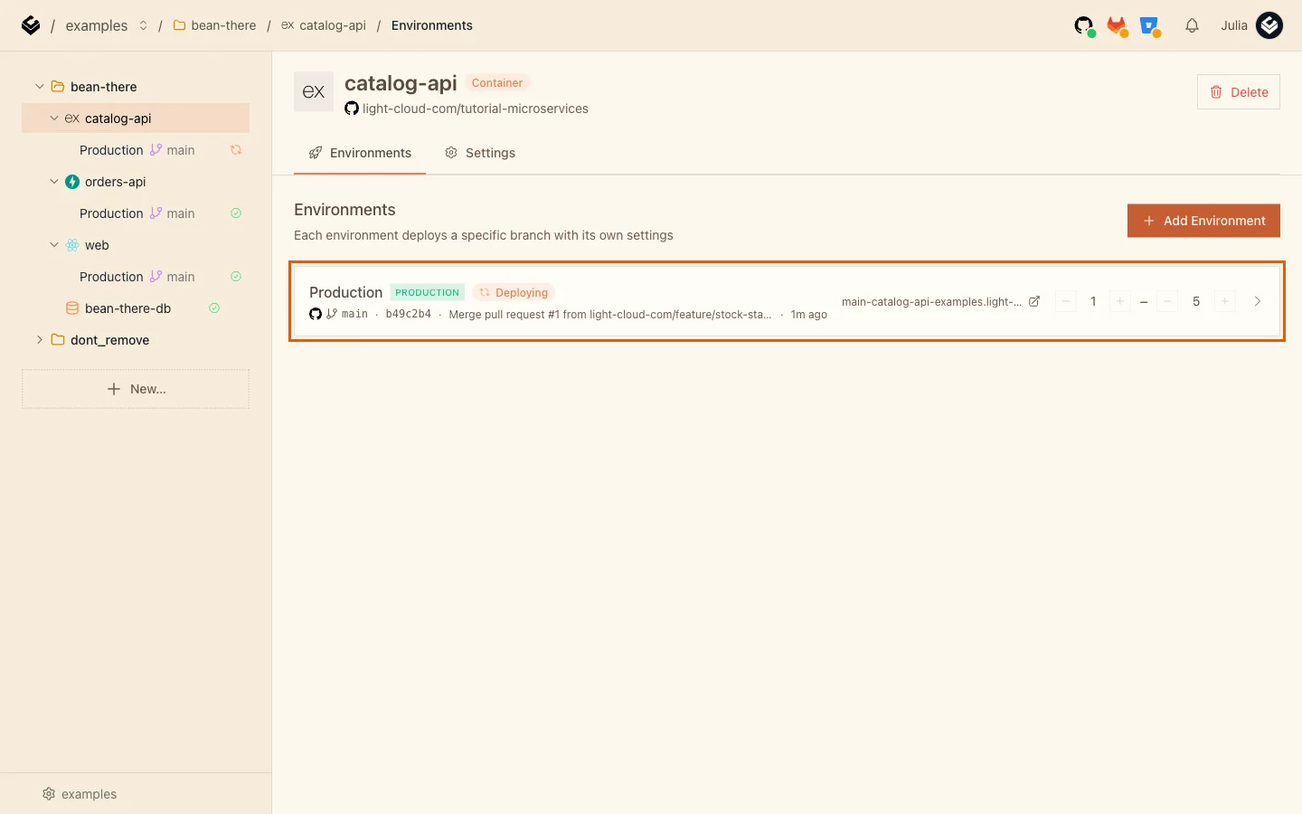 catalog-api's Environments list with only Production left, deploying the merge commit