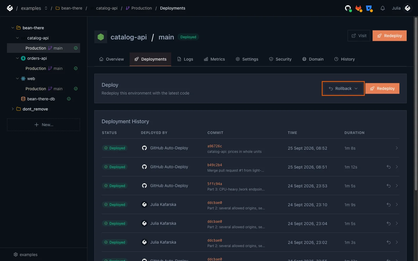 The Deployments tab with the Rollback button highlighted next to Redeploy