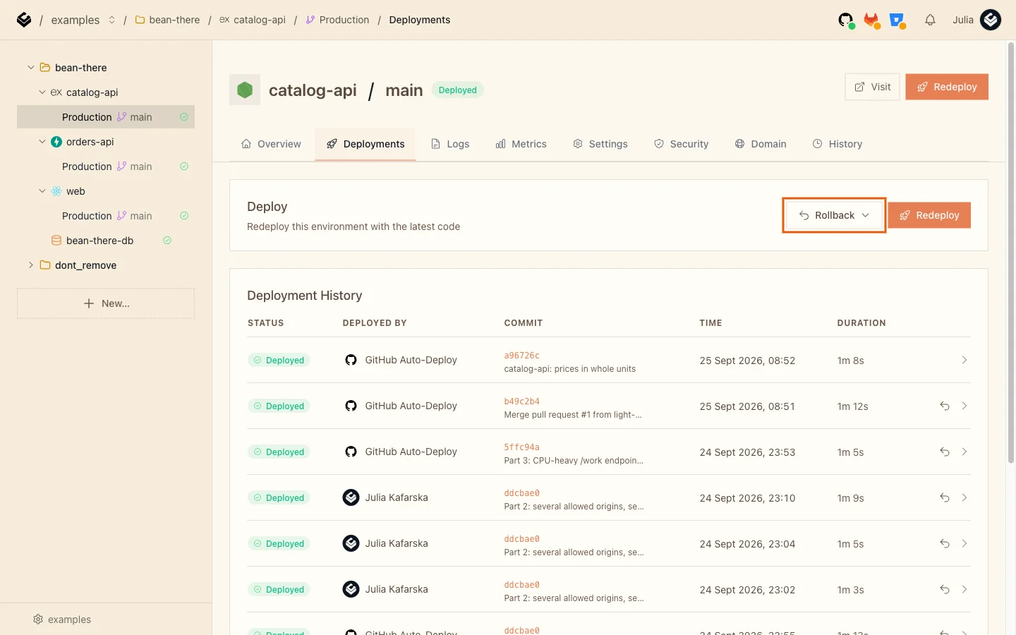The Deployments tab with the Rollback button highlighted next to Redeploy