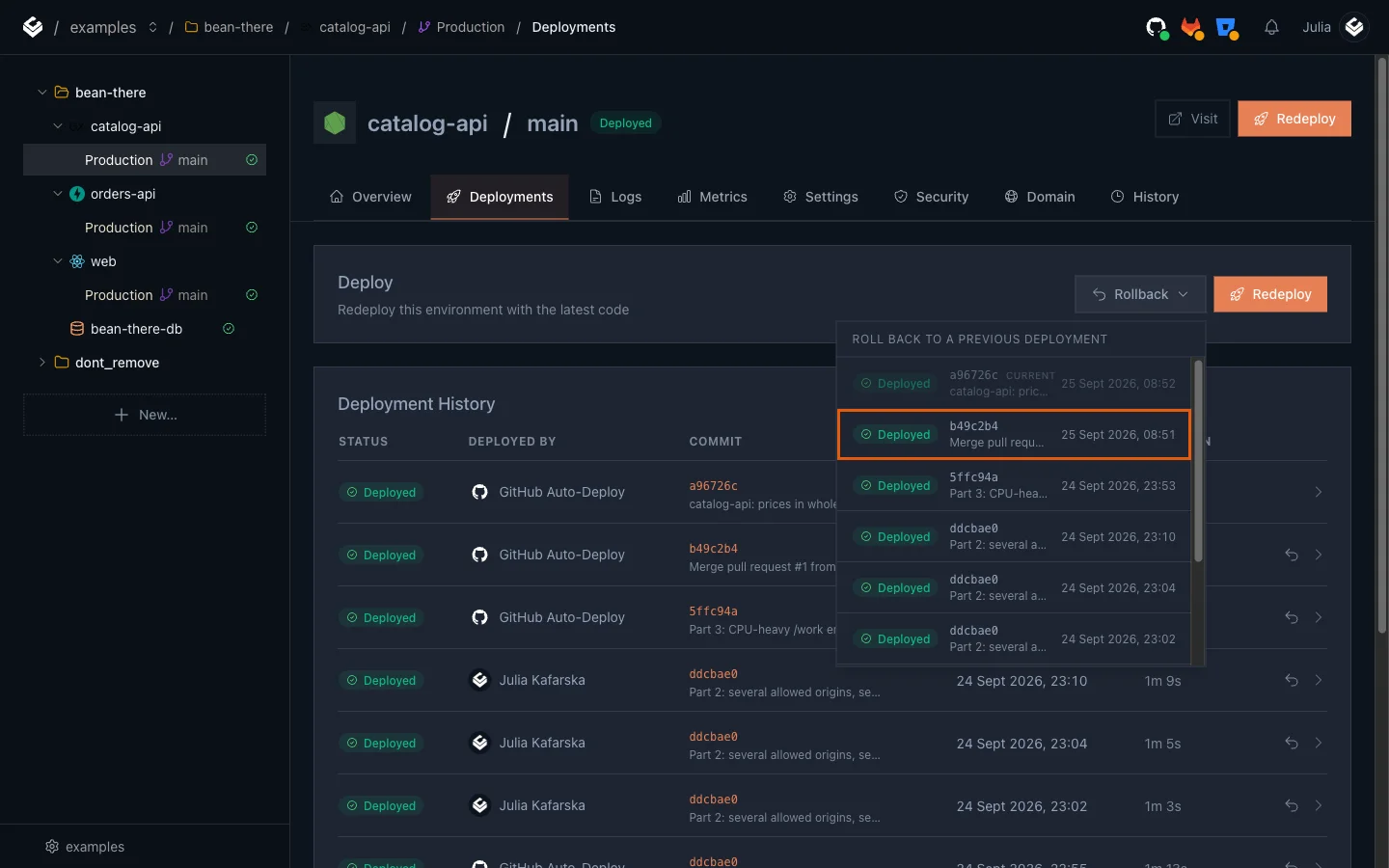 The Roll back to a previous deployment list with the merge commit b49c2b4 highlighted below the current deployment