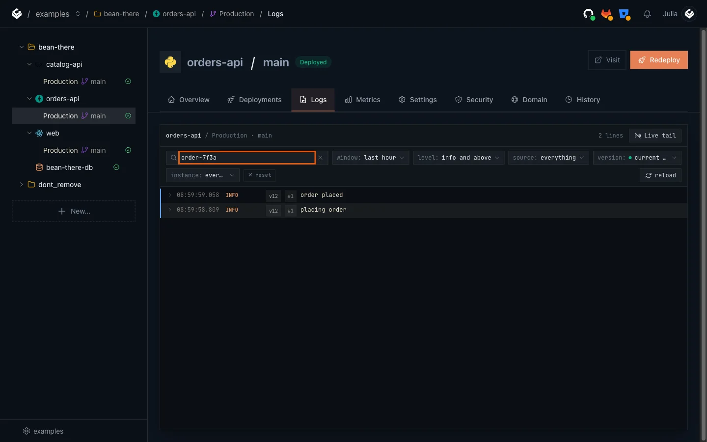orders-api's Logs tab searched for order-7f3a, showing placing order and order placed at INFO level