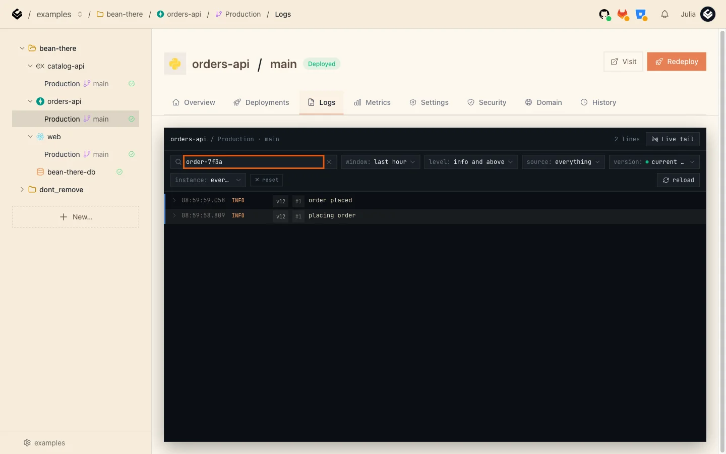 orders-api's Logs tab searched for order-7f3a, showing placing order and order placed at INFO level