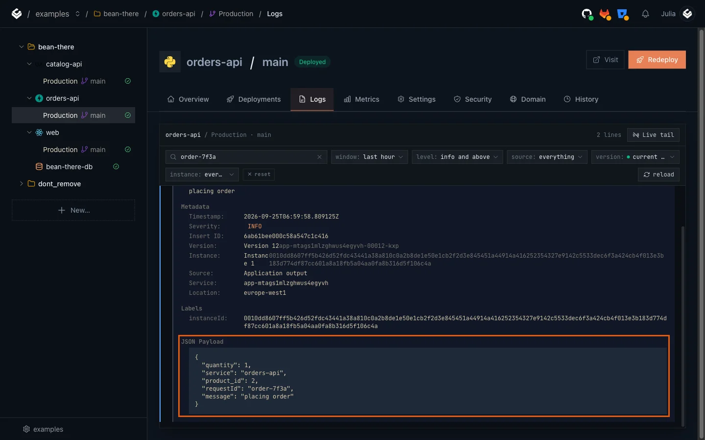 An expanded log line with its metadata and the JSON payload showing requestId order-7f3a