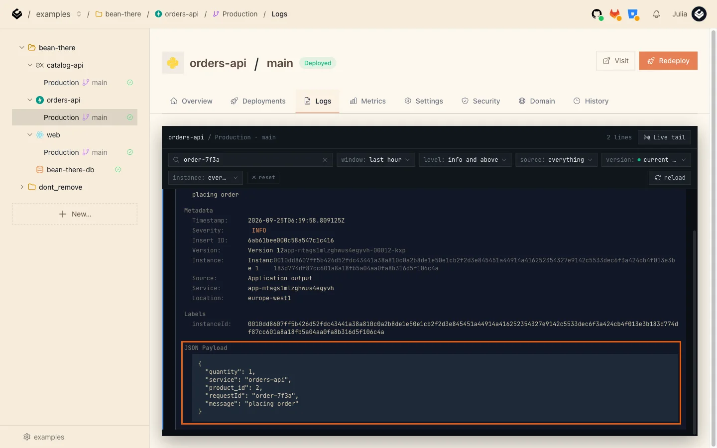 An expanded log line with its metadata and the JSON payload showing requestId order-7f3a