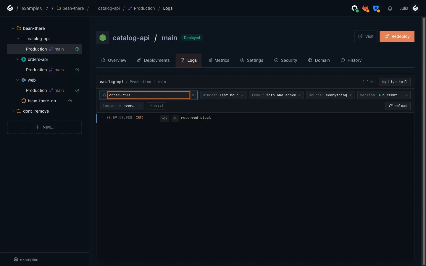 catalog-api's Logs tab searched for order-7f3a, showing the reserved stock line