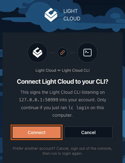 The Light Cloud page asking Connect Light Cloud to your CLI, with the Connect button highlighted